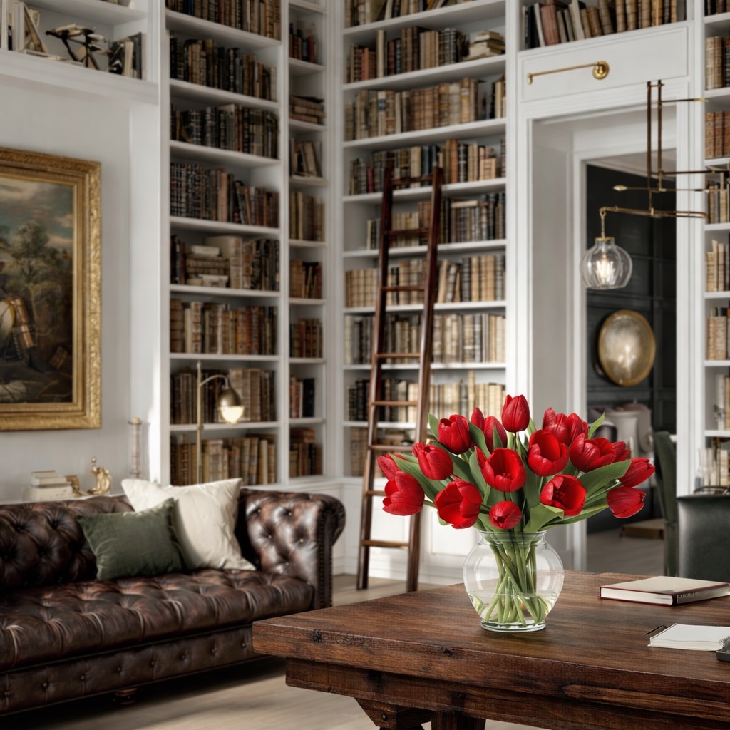 Garden Tulip bouquet in a cozy library setting